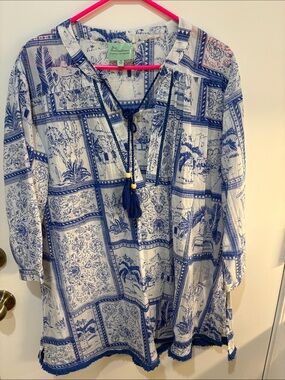 Blue & White Printed Women's Swim Coverup Tunic - Tassel Detail